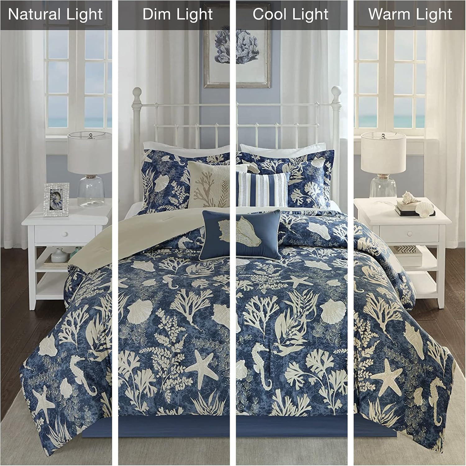 Madison Park 100% Cotton Comforter Set-Coastal Coral, Starfish Design All Season Down Alternative Cozy Bedding with Matching Shams, Decorative Pillow, King (104 in x 92 in), Cape Cod Navy 7pcs