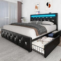 Full Size Bed Frame, Storage Bed with 4 Drawers and Adjustable Headboard, Upholstered Platform Bed with Handy Charging Station and LED Light, Noise Free, Easy Assembly, No Box Spring Needed, Black