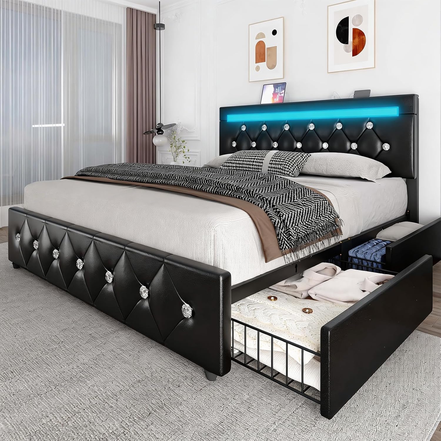 Full Size Bed Frame, Storage Bed with 4 Drawers and Adjustable Headboard, Upholstered Platform Bed with Handy Charging Station and LED Light, Noise Free, Easy Assembly, No Box Spring Needed, Black