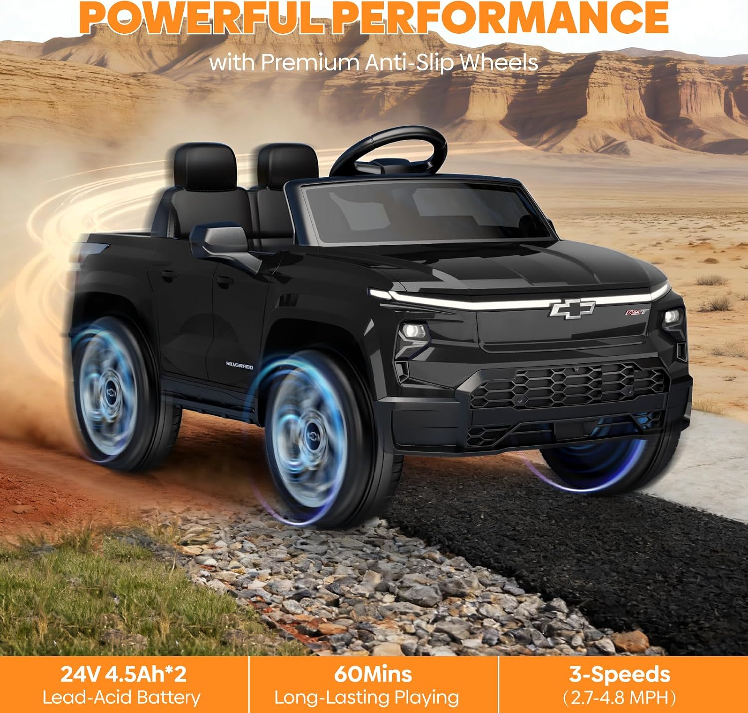 24V Licensed Chevrolet Silverado Electric Car for Kids, Ride on Toys for Toddlers with Remote Control, Soft Start, LED Lights, Music Player, Seat Belts, Easy to Assemble, Black