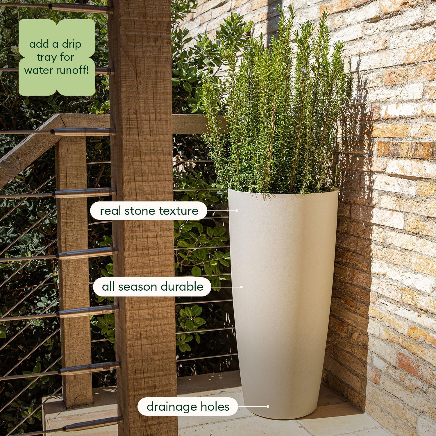 Veradek Mason Series Vega Planter - Round Tall Planter for Indoor or Outdoor Porch/Patio | Made from Plastic-Stone Composite with Drainage Holes | Modern Décor for, Flowers, Interior Plants