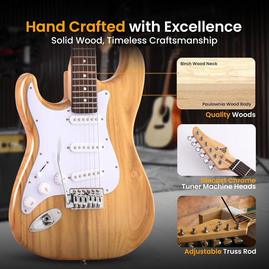 Pyle Left Handed Electric Guitar and Amp Kit - Full Size 39' Starter Kit with Wearable Bluetooth Amplifier, 1/4' Cable, Zip Case, Strap, Strings, Picks, Cleaning Cloth, ST-Style, (Natural Lefty)