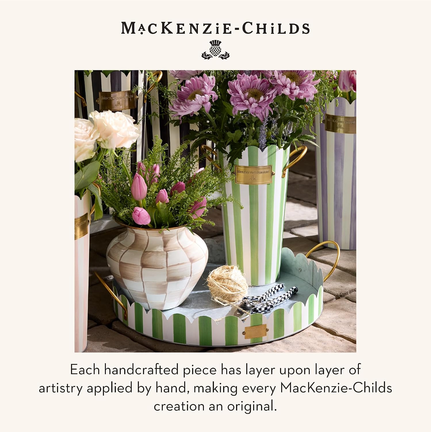 MACKENZIE-CHILDS Set of 3 Galvanized Flower Buckets, Decorative Metal Buckets, Green-and-White Grass Green Stripe