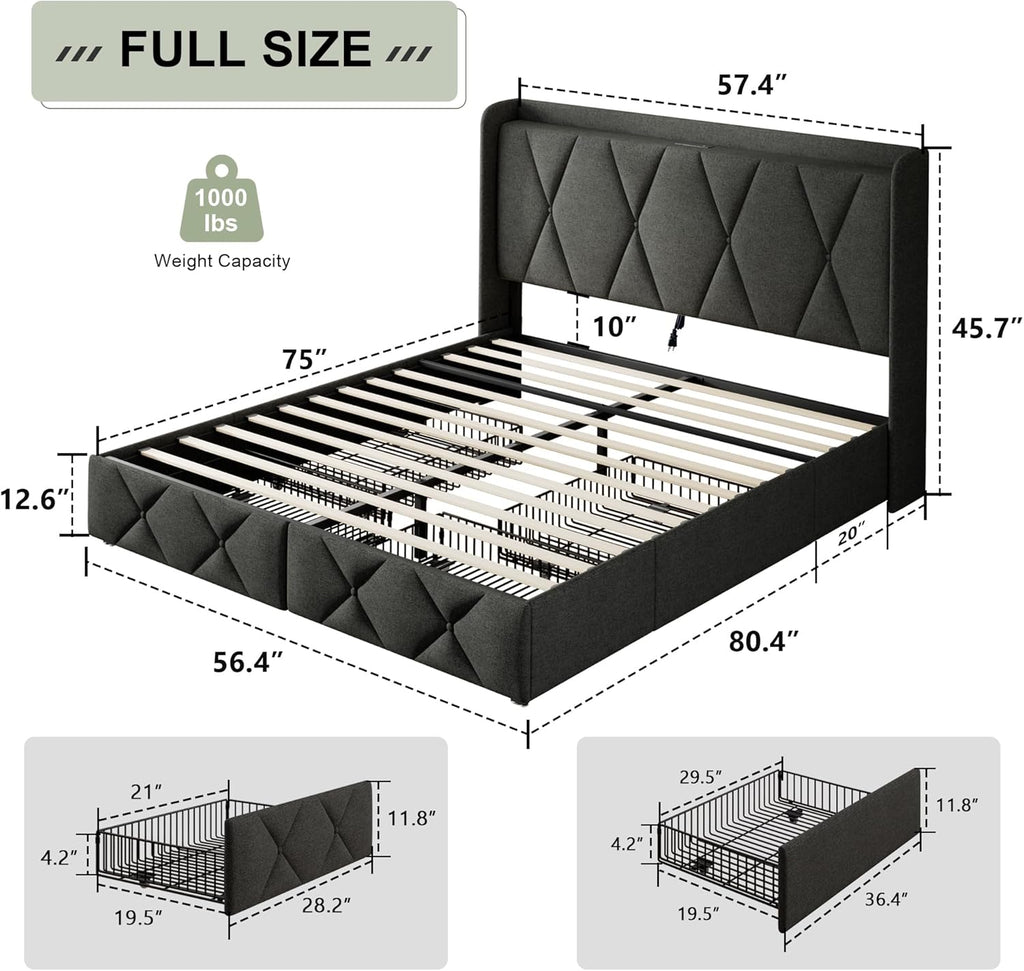 Feonase Full Size Bed Frame with 4 Storage Drawers, Upholstered Platform Bed with Charging Station, Wingback Storage Headboard, Wooden Slats Support, No Box Spring Needed, Easy Assembly, Dark Grey