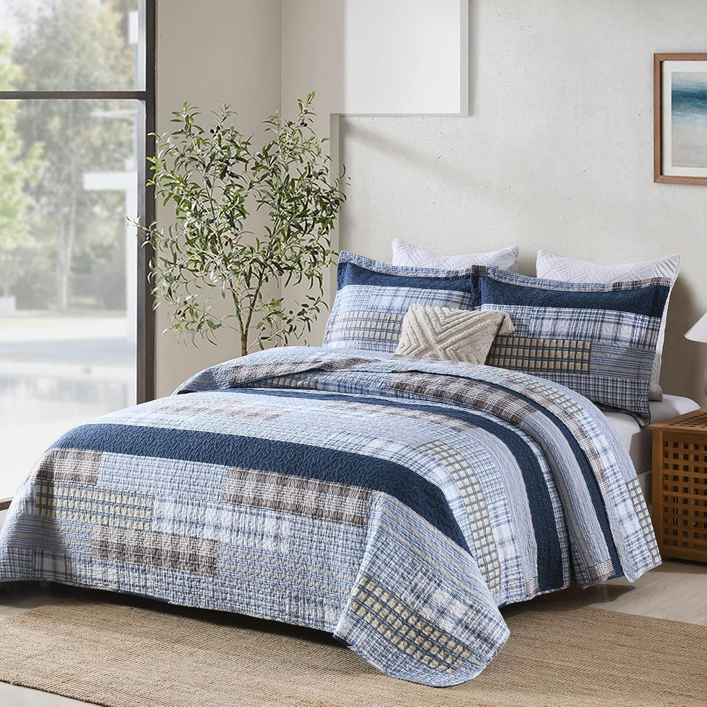 Finlonte Quilt King Size 100% Cotton King Size Quilts Blue Beige White Bedspreads Plaid Quilts Lightweight Soft Breathable Bedding Sets for All Season, 3 Piece