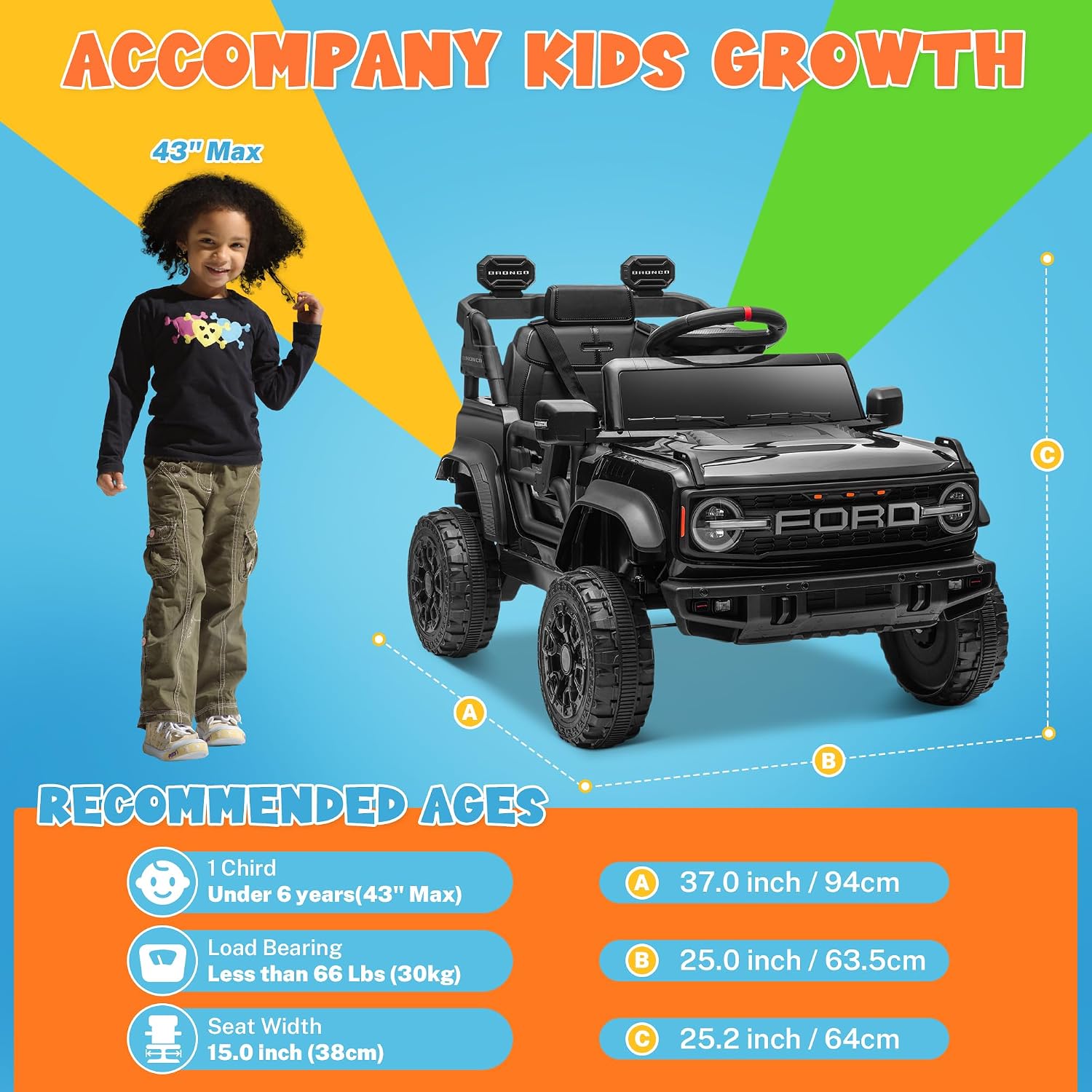 ENYOPRO 12V Licensed Ford Bronco Raptor Ride on Car for Kids, Battery Powered Electric Car for Toddlers w/Remote Control, Spring Suspension, Seat Belt, Bluetooth, Horn, LED Lights, Radio (Black)