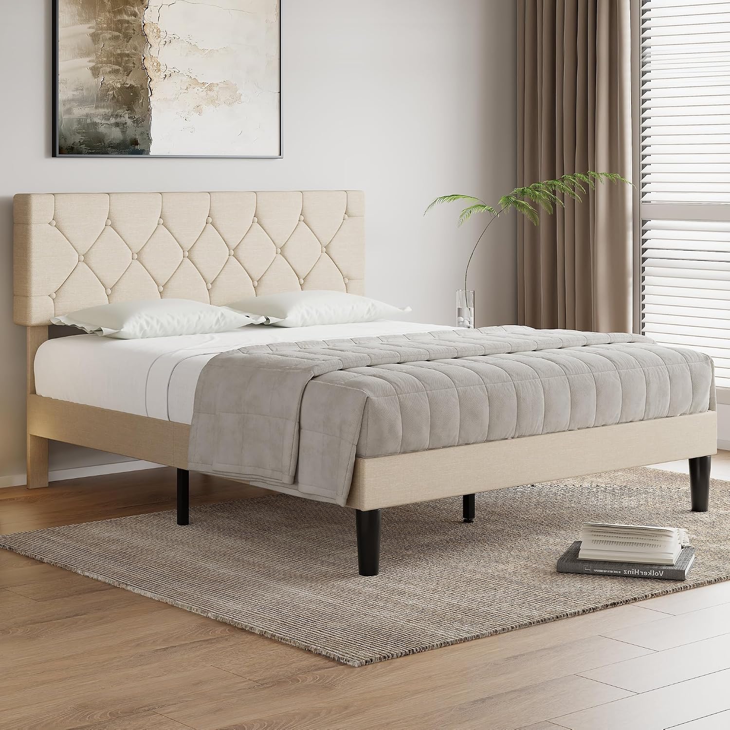 VECELO Full Size Bed Frame with Button Tufted Headboard, Upholstered Platform with Wooden Slat Support, No Box Spring Needed, Cream Beige
