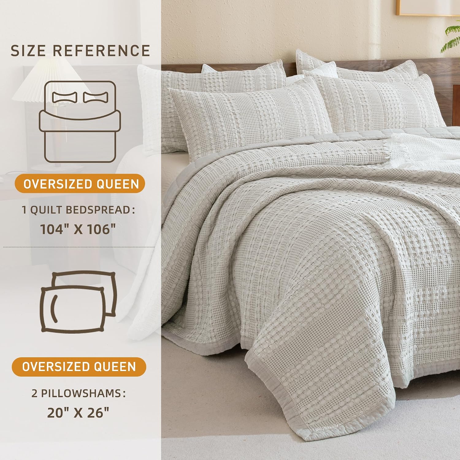 CozyTide Oversized Queen Bedspread 104'x106',100% Cotton Khaki Waffle Weave Quilt Set Lightweight Farmhouse Shabby Bedding Coverlet Set for All Season