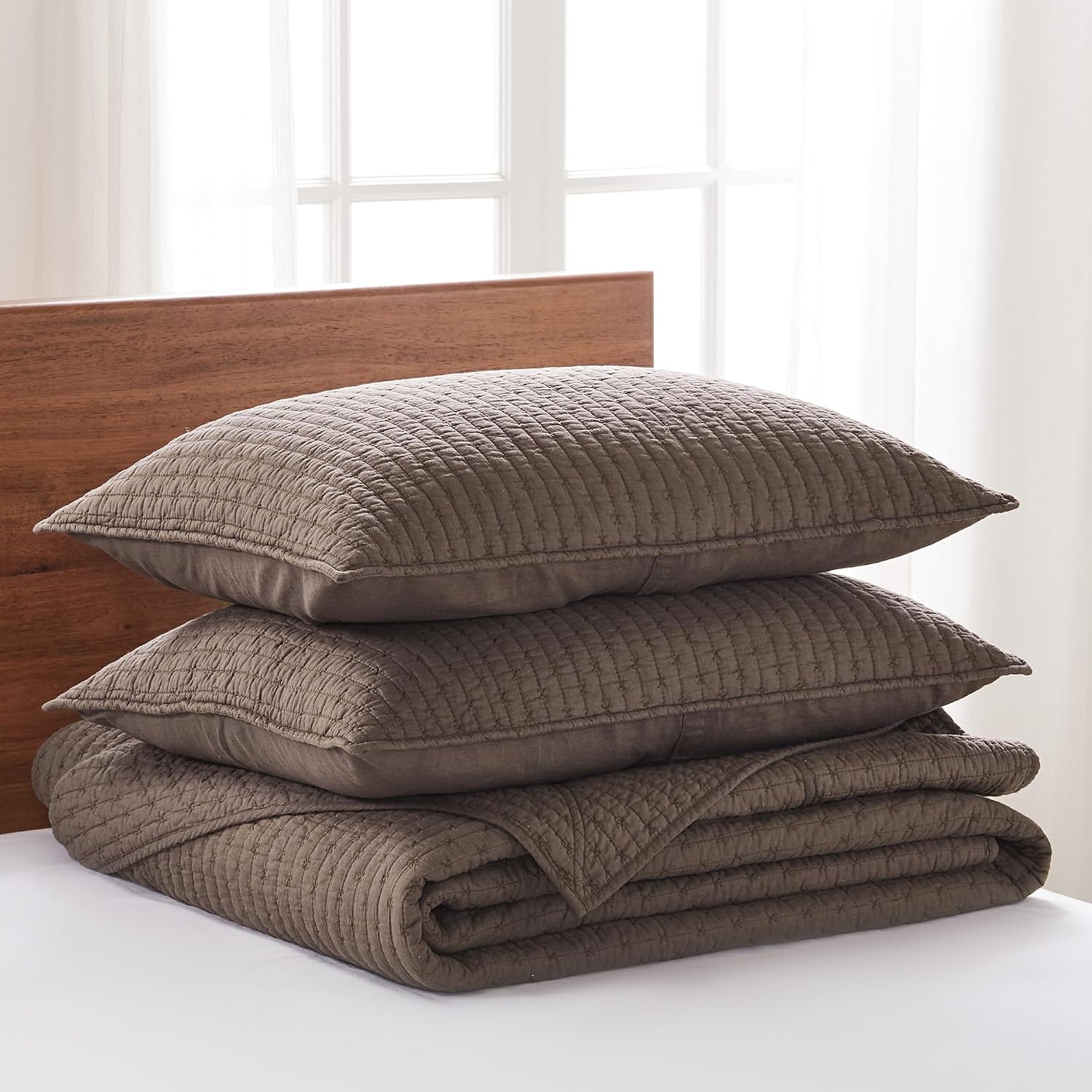 Levtex Home Cross Stitch Reversible King Bedspread Set (120x104in) with 2 Pillow Shams (36x20in) - Stitch Texture - Cocoa - Cotton King Size Bedspread Set - Soft, Pre-Washed