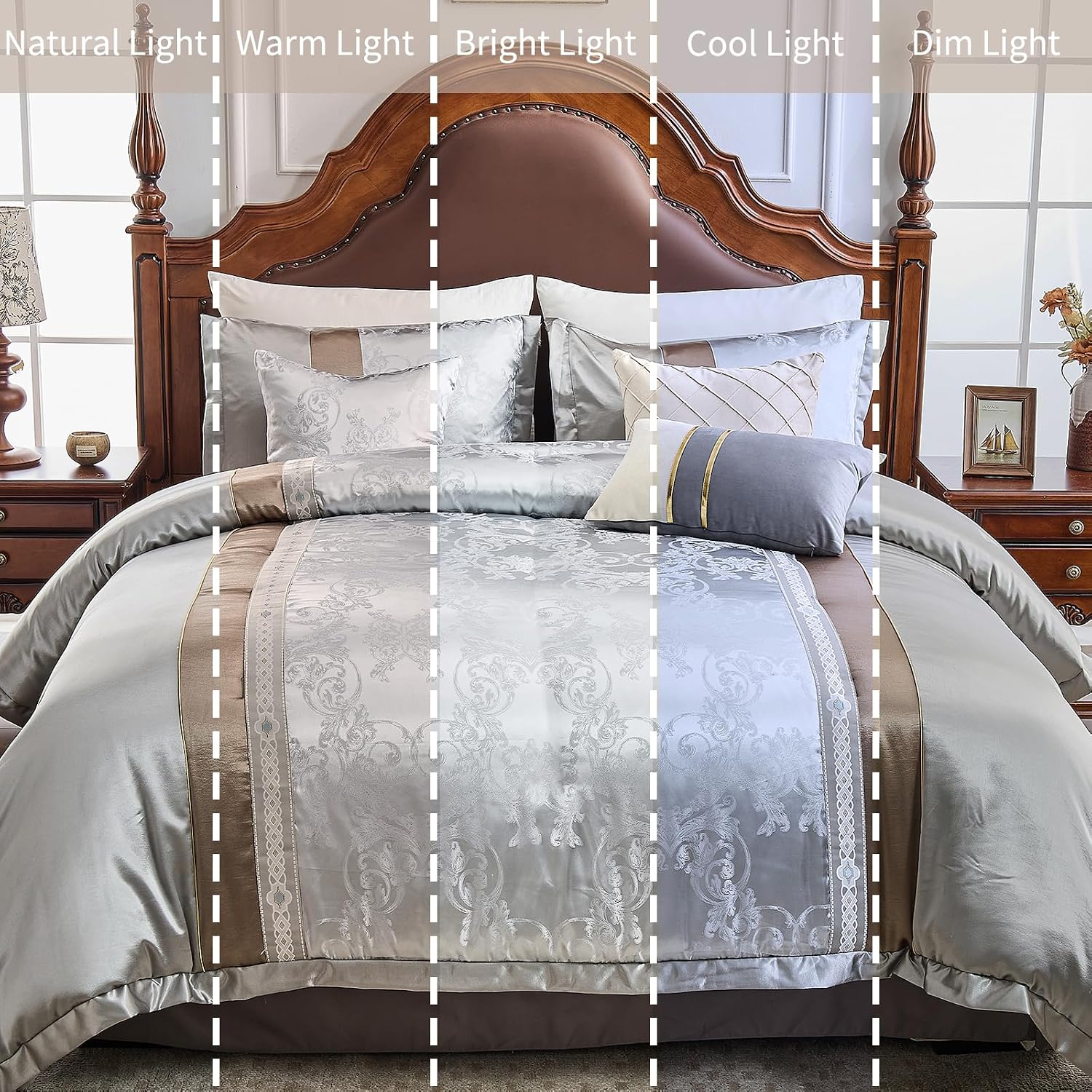Bedduvit Luxurious Silky 7 Piece Queen Comforter Set - Soft Jaquard Floral Patchwork Design Comforters Queen Size, Silver Gray Down Alternative Bedding Set with Bed Skirt, Shams and Decorative Pillows