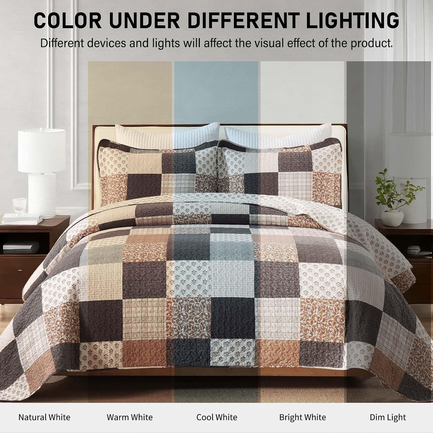 KALOOLA 100% Cotton Quilt Set Queen Size - Farmhouse Printed Patchwork Bedspread with 2 Pillow Shams, Reversible Plaid Botanical Bedding Coverlet for All Season, 3 Pieces, Brown/Charcoal/Gray