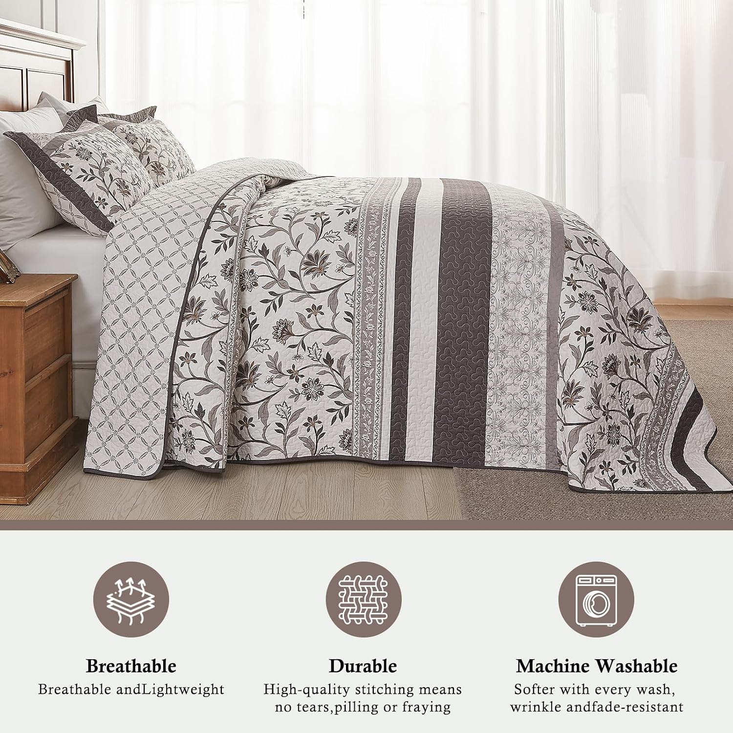 Farmhouse Oversized Bedspread Queen Size 102'x120' - 100% Cotton Lightweight Extra Large Quilt with 2 Pillowshams, Reversible Botanical Striped Pattern Bedding Coverlet, 3 Pcs, Brown/Coffee