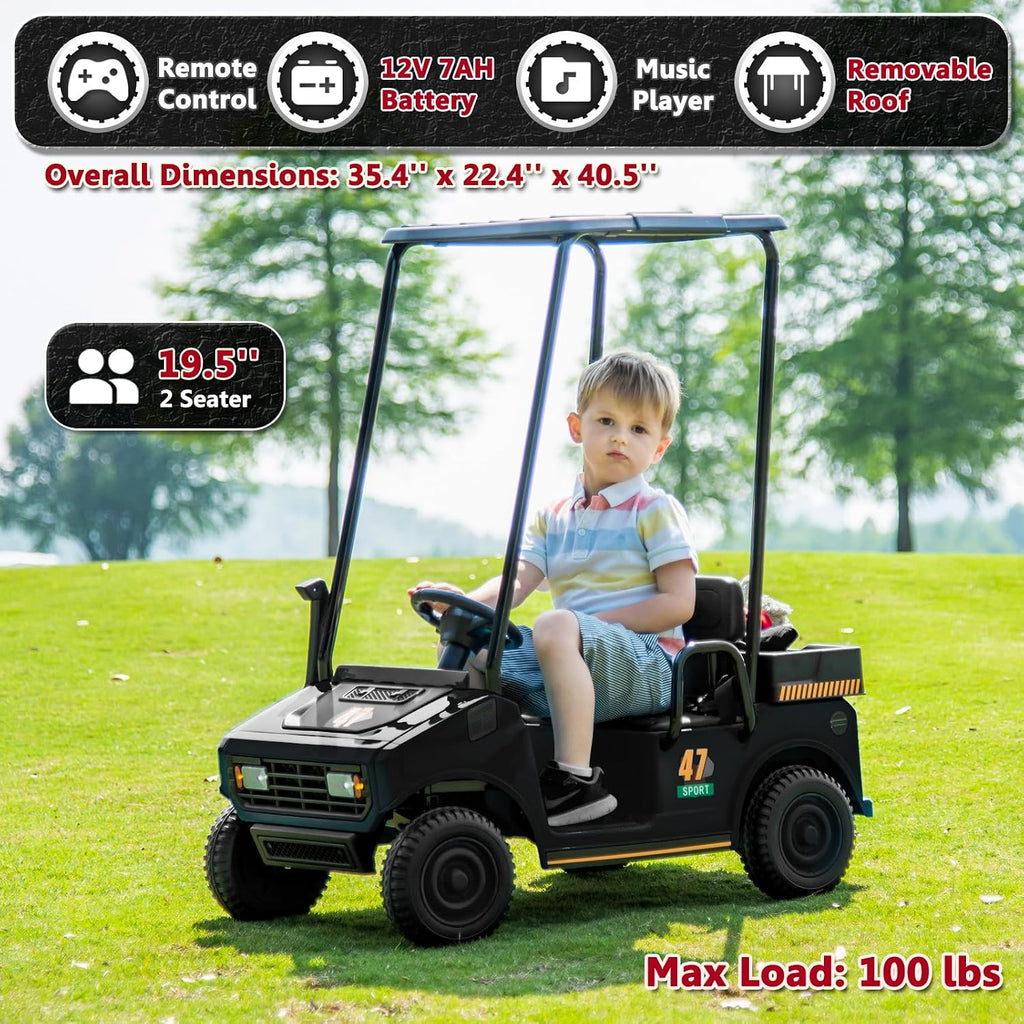 12V 7AH Golf Cart for Kids Boys Girls, Battery Powered Ride on Toys with Parent Remote Control, 2 Seater Ride on Golf Cart with Plastic Roof, Real Pedal, Music Player, Horn (Black)