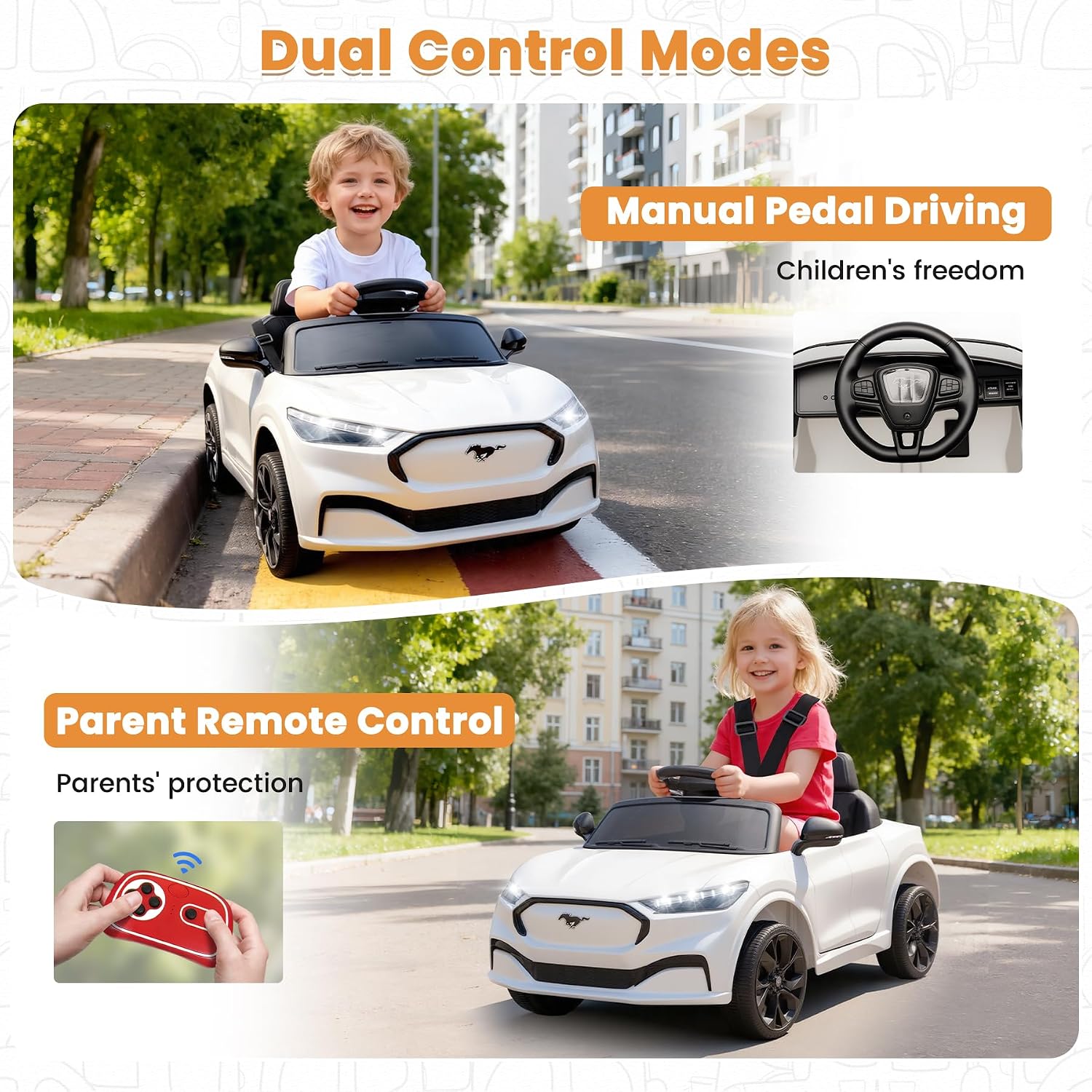 Bobike Electric Ride On Car for Kids, 12V Electric Toddler Car with Remote Control, Ride on Toys for Kids with LED Lights, Music Player, Lockable Doors (White)