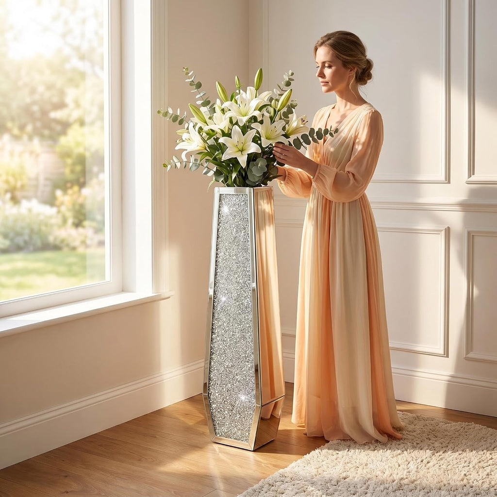 36' Extra Tall Double Sided Crushed Diamond Vases,Six Sided Three-Dimensional Diamond Vase,Extra Large Mirrored Silver Crystal Vase for Home,Office,Hotel(10.6' Lx5.37 W x 36' H)