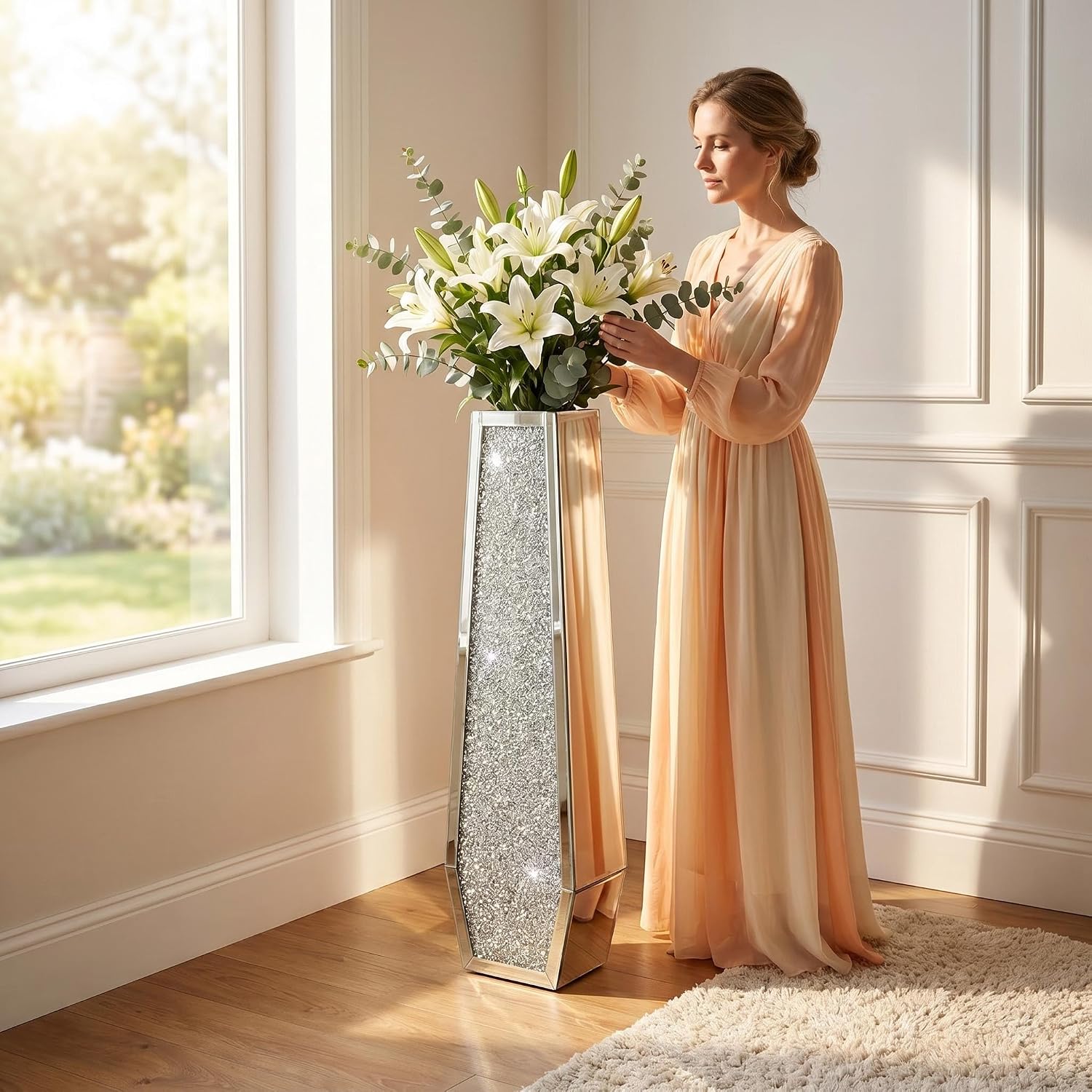 36' Extra Tall Double Sided Crushed Diamond Vases,Six Sided Three-Dimensional Diamond Vase,Extra Large Mirrored Silver Crystal Vase for Home,Office,Hotel(10.6' Lx5.37 W x 36' H)