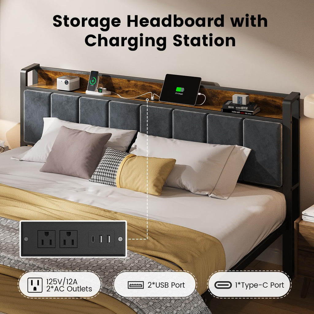 ALBERTO King Size Bed Frame with LED Lights, Upholstered Headboard with Storage and Charging Station, Metal Platform with Slats, No Box Spring Needed, Easy Assembly