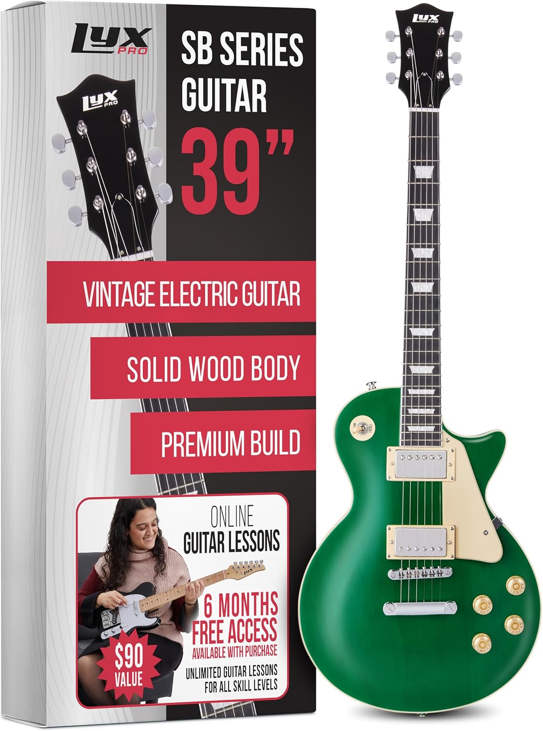 LyxPro 39' SB Series Electric Guitar, LP Style for Beginner, Intermediate & Pro Players Solid Body Guitar, Bonus 2-Pack of Picks, Mahogany Wood, Volume/Tone Controls, 3-Way Pickup - Green
