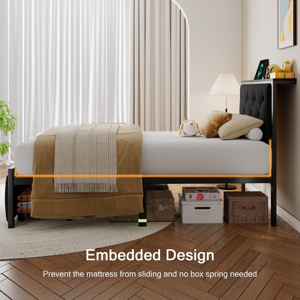 Einhomn Twin Bed Frame with Storage Drawer, Metal Platform Bed with Charging Station, Upholstered Linen Button Tufted Storage Headboard, No Box Spring Needed, Noise-Free, Easy Assembly, Black