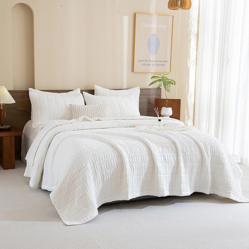 Sanracie Cotton Oversized King Bedspread(120'x120'),White Waffle Quilt Set 3Pcs Soft Lightweight Extra Large King Quilt Bedding Set,Farmhouse Coverlet Quilt Set Shabby Vintage Chic Bedding Set