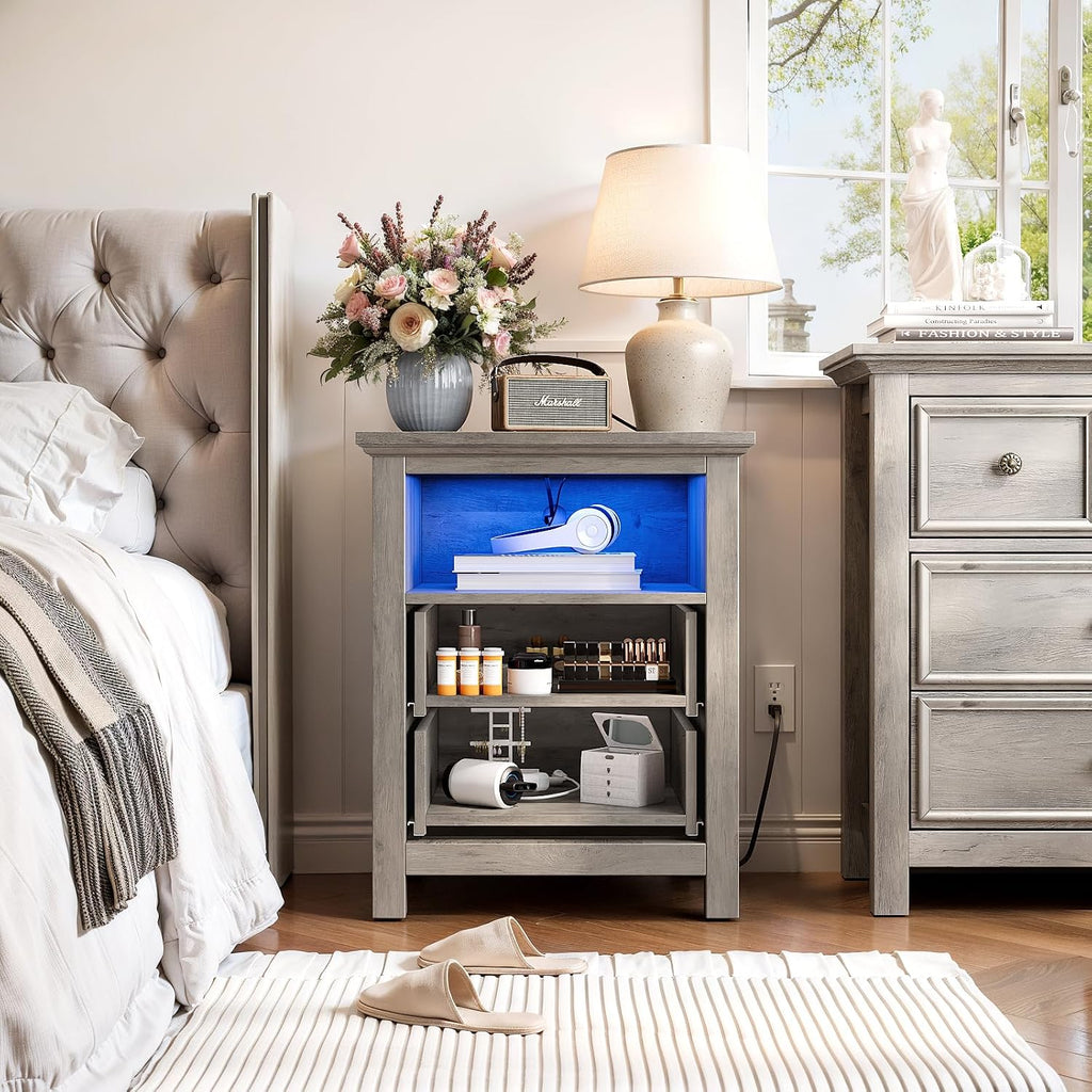 Set of 2 Nightstand with Charger Station Strip Lights,20' W Night Stand with Drawers for Bedroom, Large Accent Bed Side Table and End Table with Open Compartment-Easy Pull Handle, Textured Border,Gray