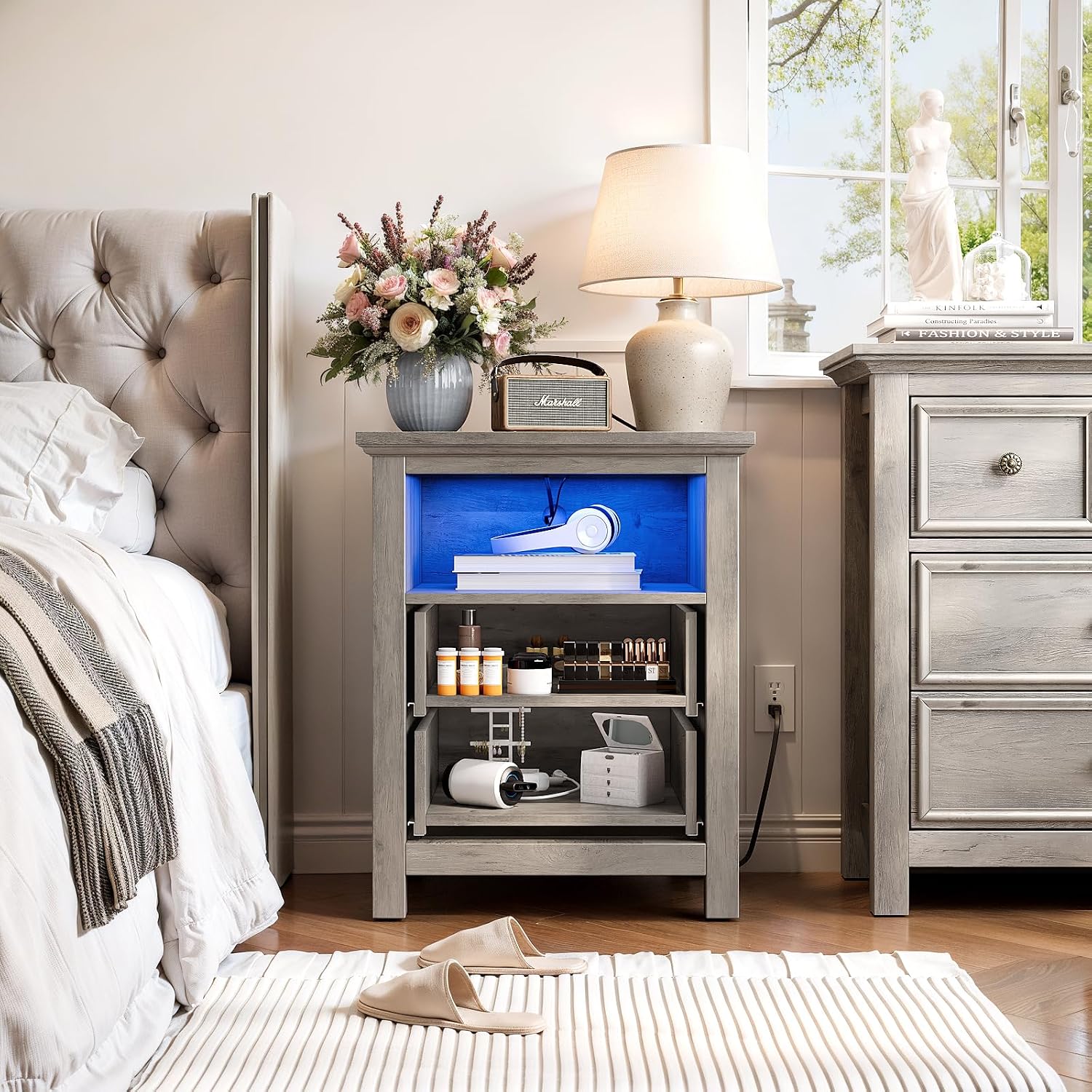 Set of 2 Nightstand with Charger Station Strip Lights,20' W Night Stand with Drawers for Bedroom, Large Accent Bed Side Table and End Table with Open Compartment-Easy Pull Handle, Textured Border,Gray