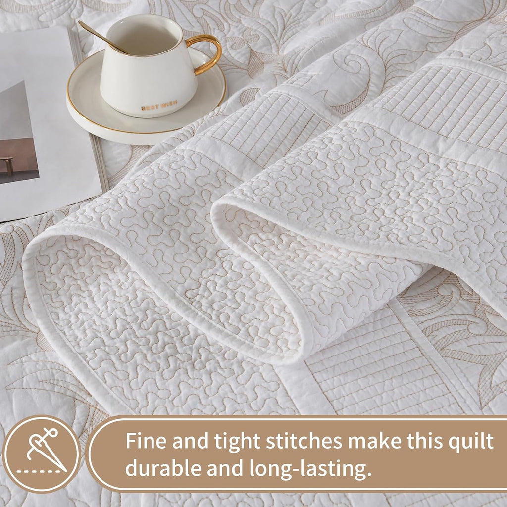 KALOOLA Embroidered Quilts Queen Size - 100% Cotton Lightweight Quilted Bedding Set 3 Pcs, Vintage Damask Pattern Bedspread with 2 Pillow Shams, Reversible Bed Coverlet for All Season, White/Beige