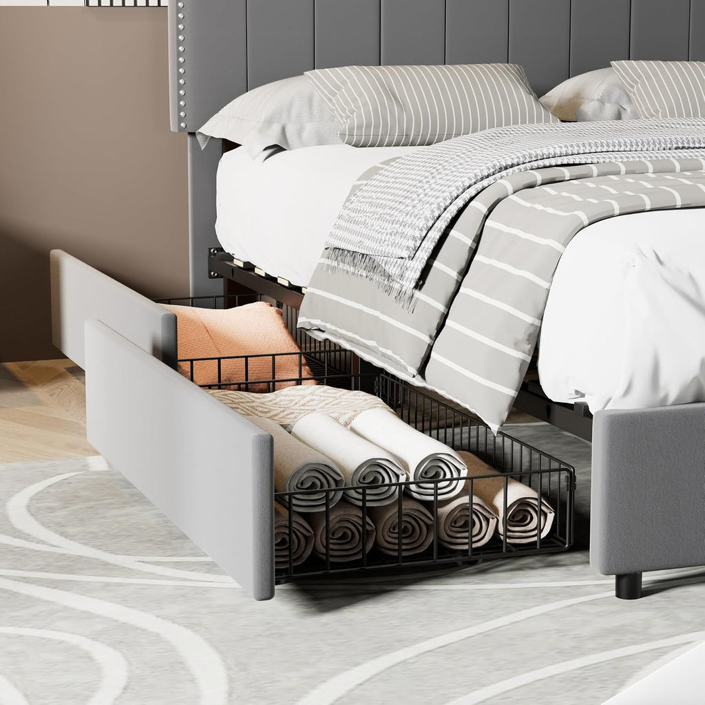 VECELO Full Bed Frame 4 Storage Drawers & Upholstered Platform &Tufted Adjustable Headboard/Mattress Foundation/Wood Slat Support,Easy Assembly,Dark Grey