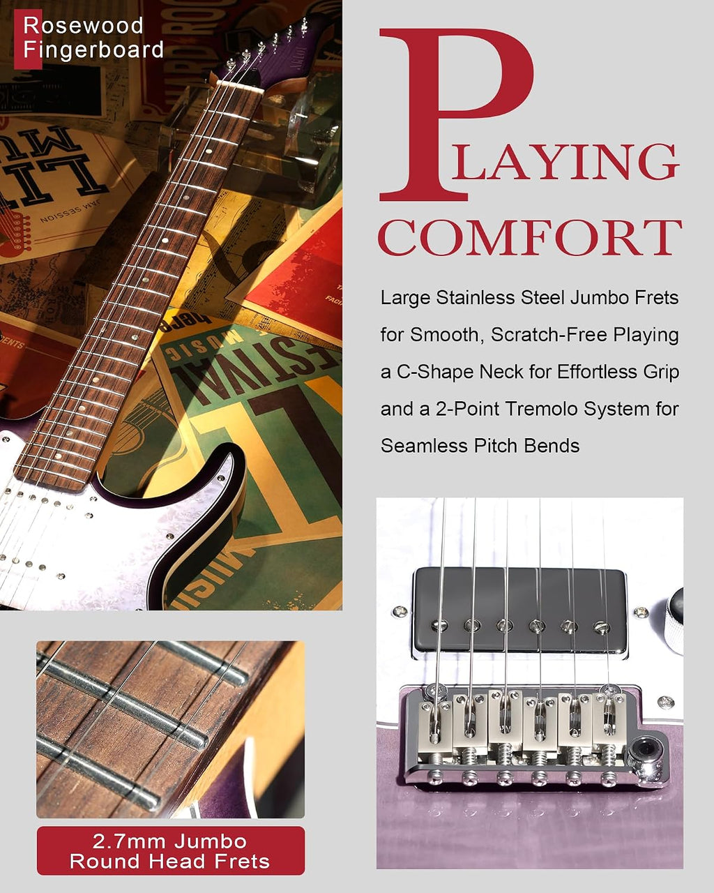 AKLOT Solid Body Electric Guitar - Flame Maple Top, HSS Alnico V Pickups with Coil-Split, Roasted Maple Neck, Locking Tuners, Veltrix Series, Violet Venom