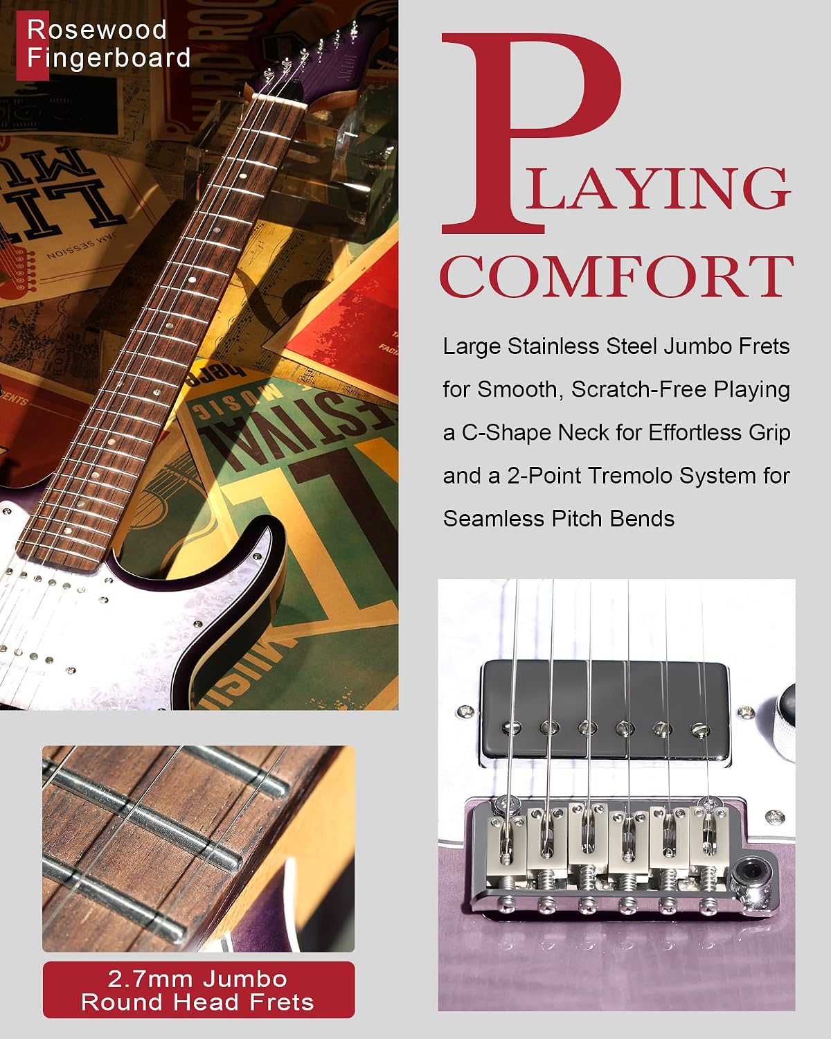 AKLOT Solid Body Electric Guitar - Flame Maple Top, HSS Alnico V Pickups with Coil-Split, Roasted Maple Neck, Locking Tuners, Veltrix Series, Violet Venom