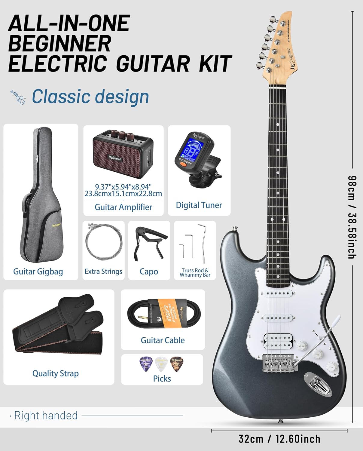 Leo Jaymz Beginner Electric Guitar 39' Kit with Portable Amplifier, Padded Gig Bag, Digital Tuner，Capo，Strap，Picks， HSS Pickups (Gray-HSS)