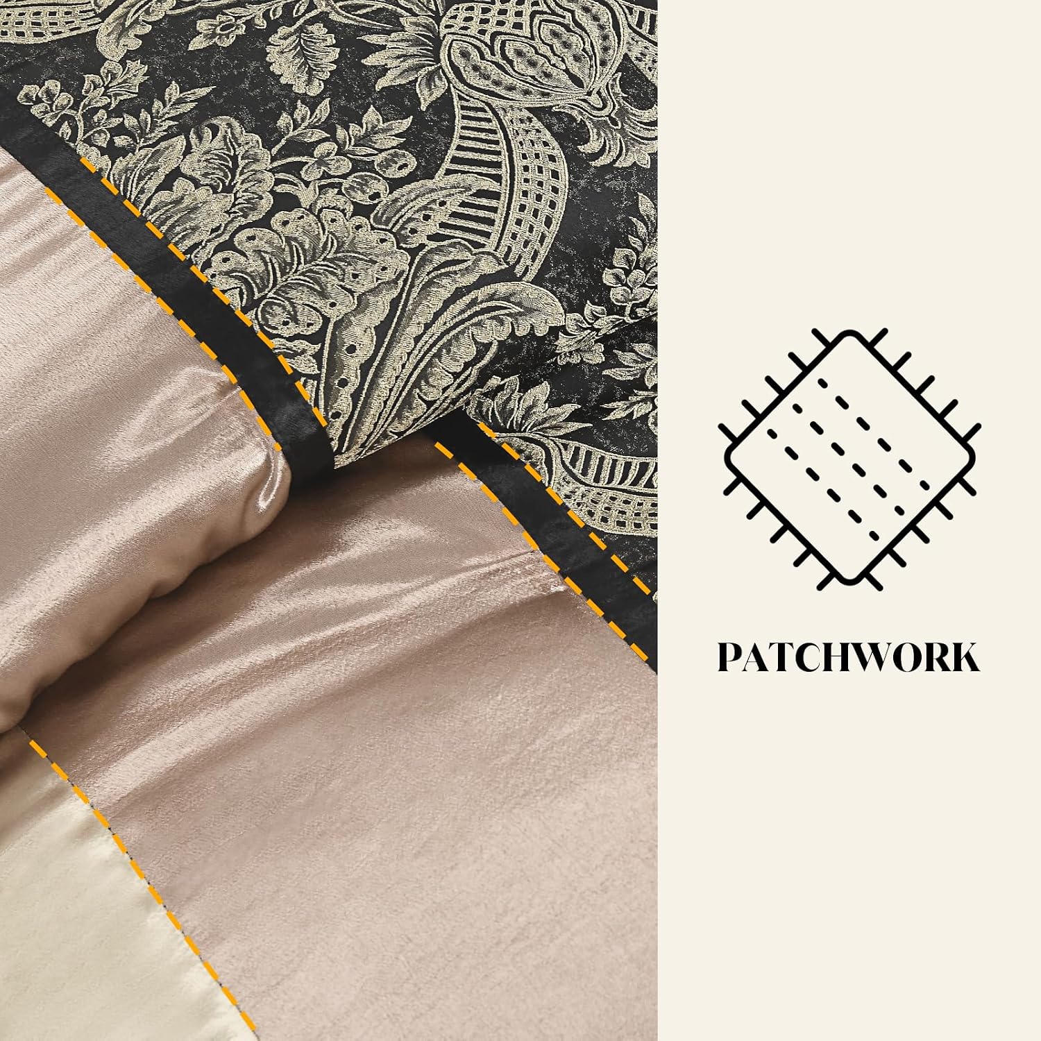 CozyDH Black Gold Jacquard Comforter Set - 7 Piece Queen Luxury Damask Floral Patchwork, All Season Down Alternative Silky Bedding Bed in a Bag with Bed Skirt, Shams, Decorative Pillows, 90x90 in
