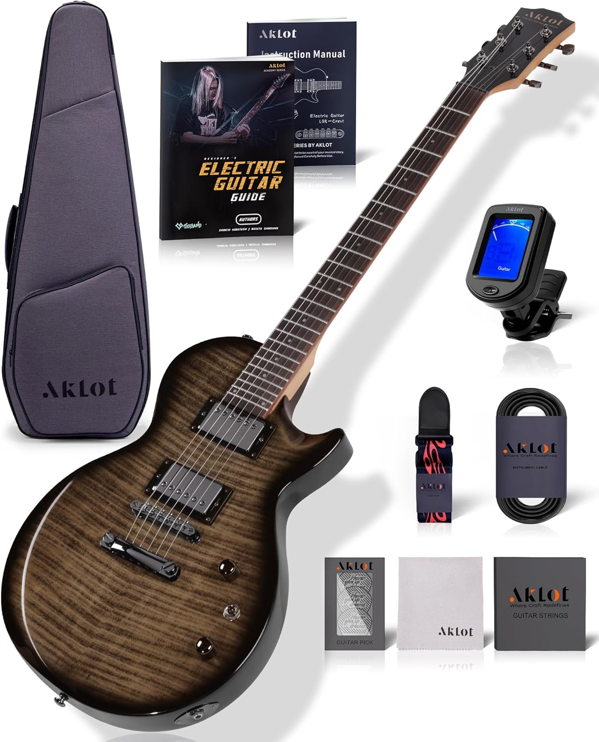 AKLOT 24-Fret Electric Guitar Kit, 40 inch Single Cut (LP Style), Modern Playability Coil-Split Humbucker Pickups, 18:1 Tuning Pegs,W/Guitar Accessories Gig Bag,Cable,Strap,Picks,Strings,Tuner,Book