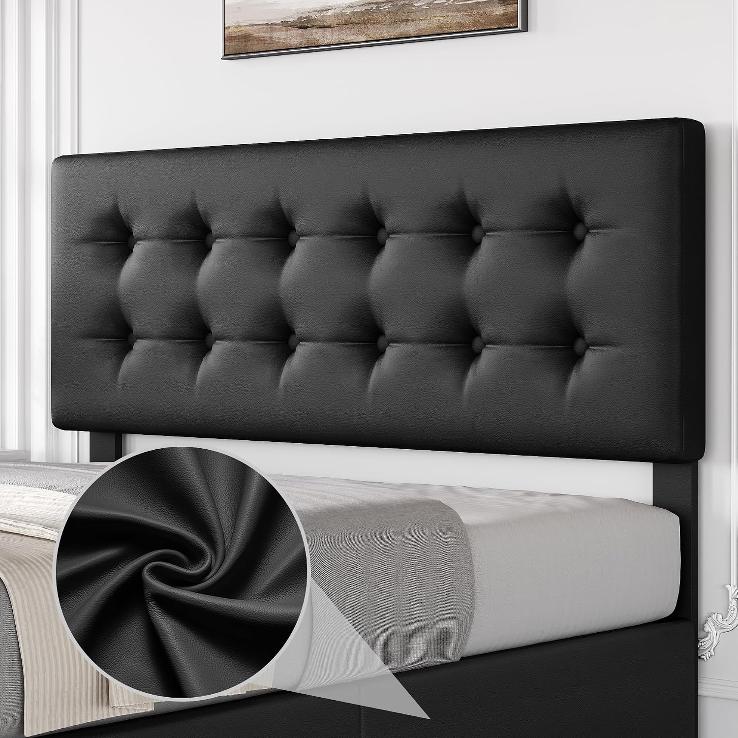 GAOMON Full Size Bed Frame with 4 Storage Drawers and Headboard, Faux Leather Upholstered Platform Bed Frame with Wooden Slats Support, Button Tufted Design, No Box Spring Needed, Black