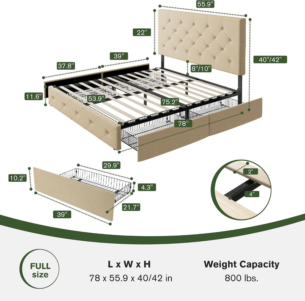 MUTICOR Full Size Bed Frame with 4 Storage Drawers, Upholstered Platform Bed with Button Tufted Adjustable Headboard, No Box Spring Needed, Easy Assembly, Diamond Tufted, Beige Fabric