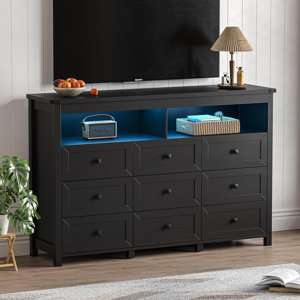 Dresser for Bedroom with 9 Drawers, Wide Modern Chest of Drawers with LED Light and Power Outlet, Wooden Closet Organizer Clothes Storage Cabinet, Double Dressers for Living Room, Hallway, Black
