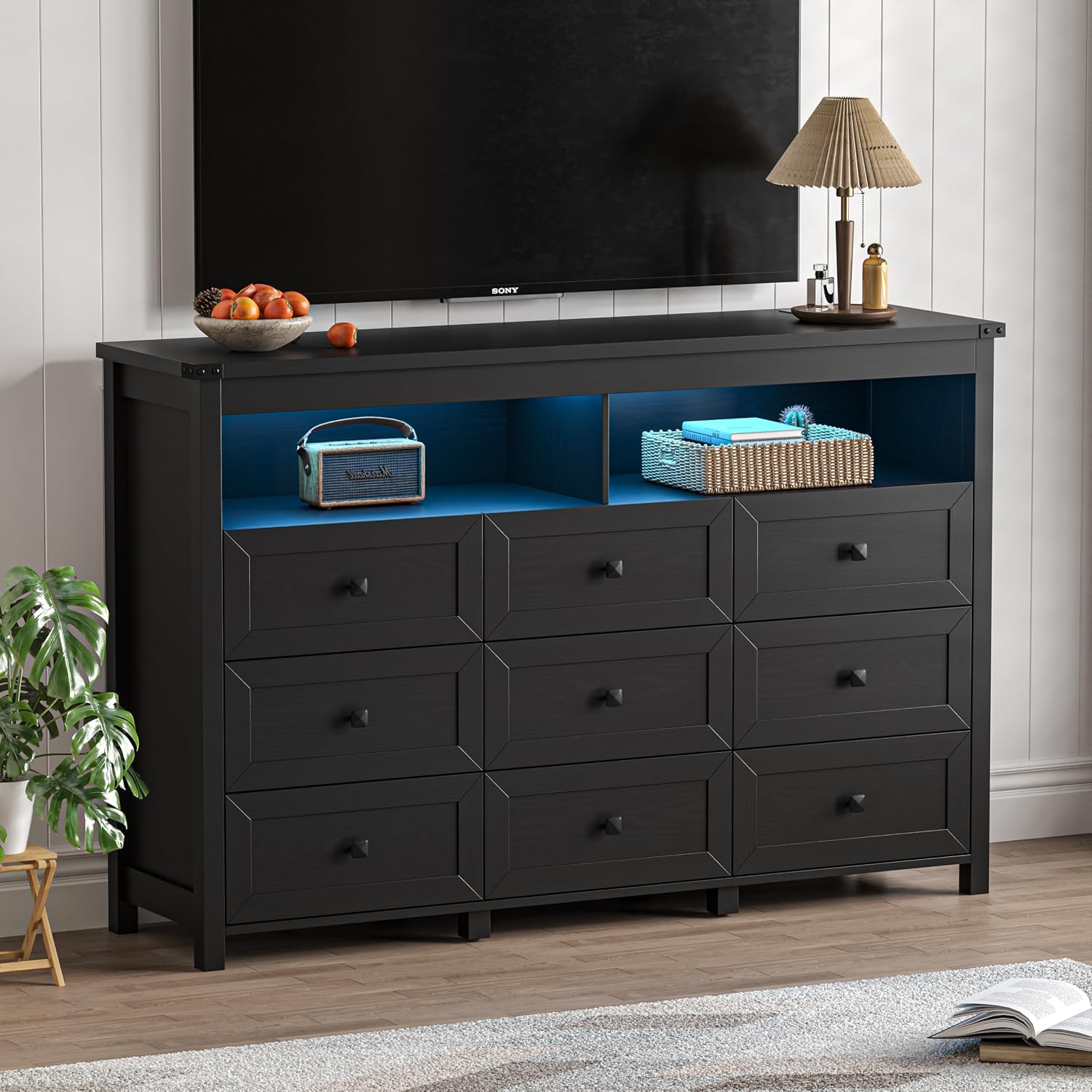 Dresser for Bedroom with 9 Drawers, Wide Modern Chest of Drawers with LED Light and Power Outlet, Wooden Closet Organizer Clothes Storage Cabinet, Double Dressers for Living Room, Hallway, Black