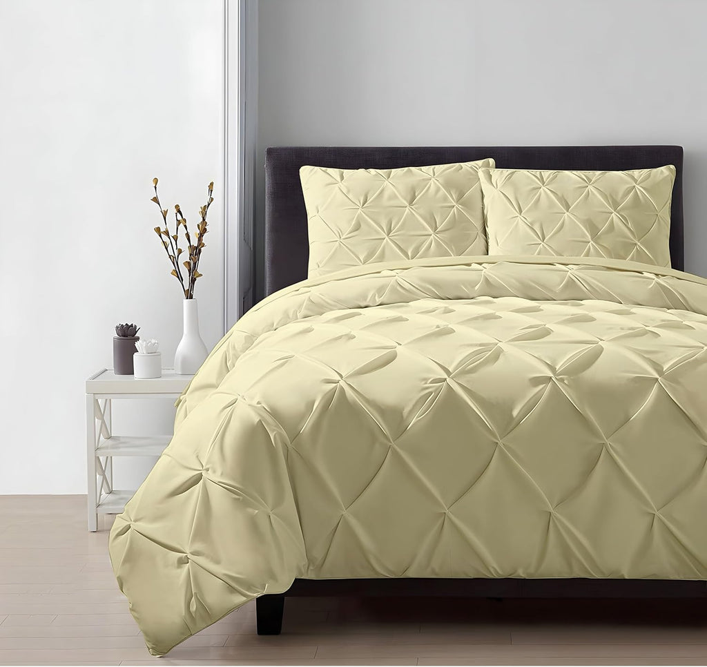 Luxury Ivory Pinch Pleated Pintuck Duvet Cover Set Oversized King Plus 120'x128' Size Egyptian Cotton Luxury Soft & Breathable Comforter Cover with Corner Ties & Zipper Closure