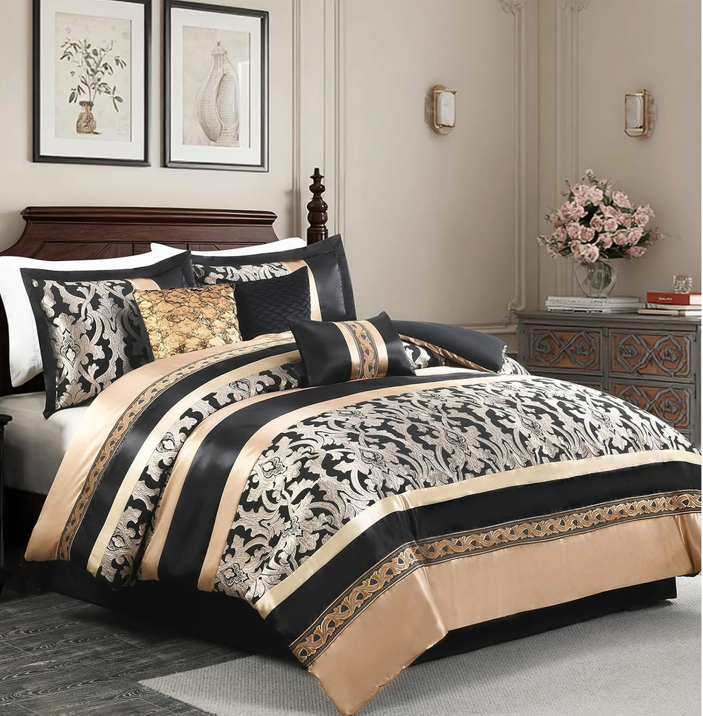 Black and Gold King Size Comforter Set, Damask Jacquard 7 Piece Soft Bedding Set for All Season, Bed Skirt, Pillow Shams and Decorative Pillows