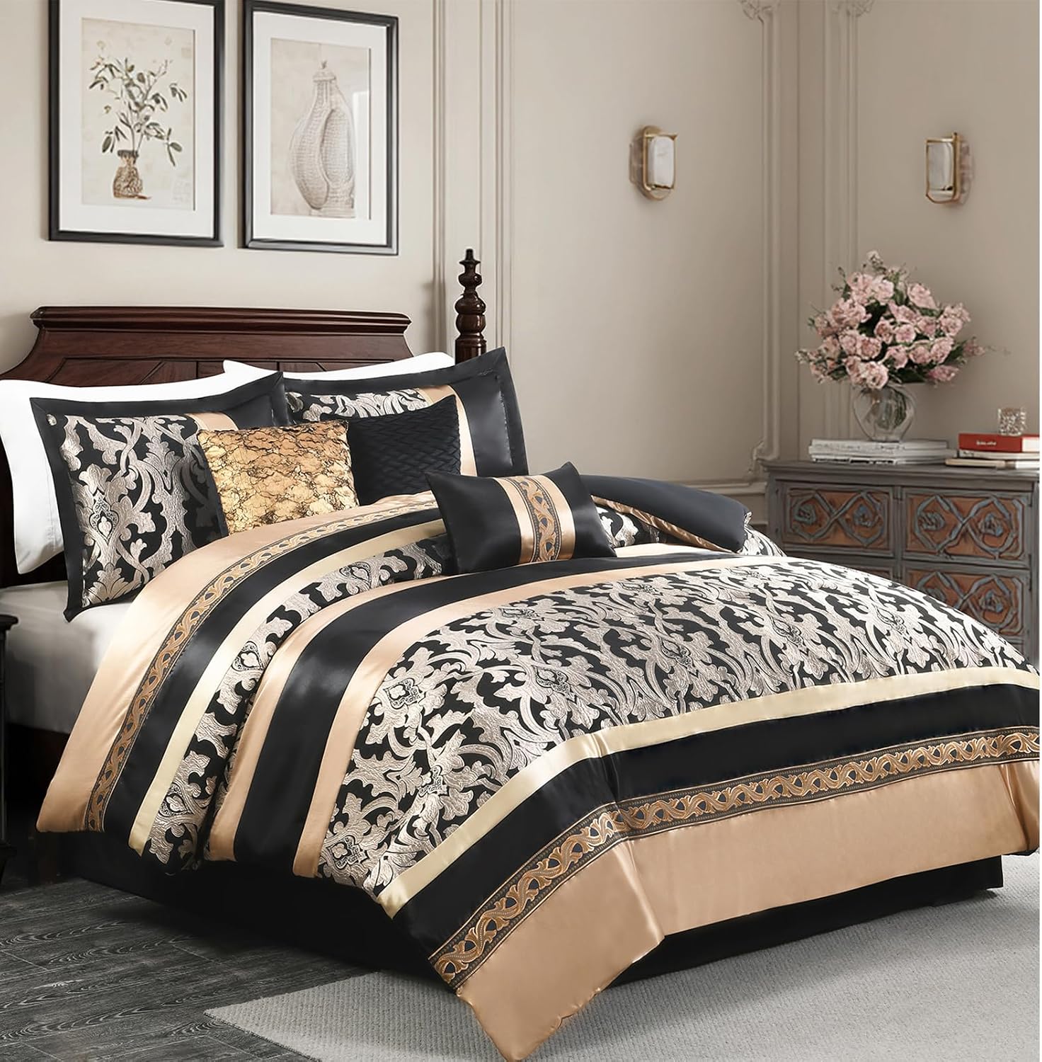 Black and Gold King Size Comforter Set, Damask Jacquard 7 Piece Soft Bedding Set for All Season, Bed Skirt, Pillow Shams and Decorative Pillows
