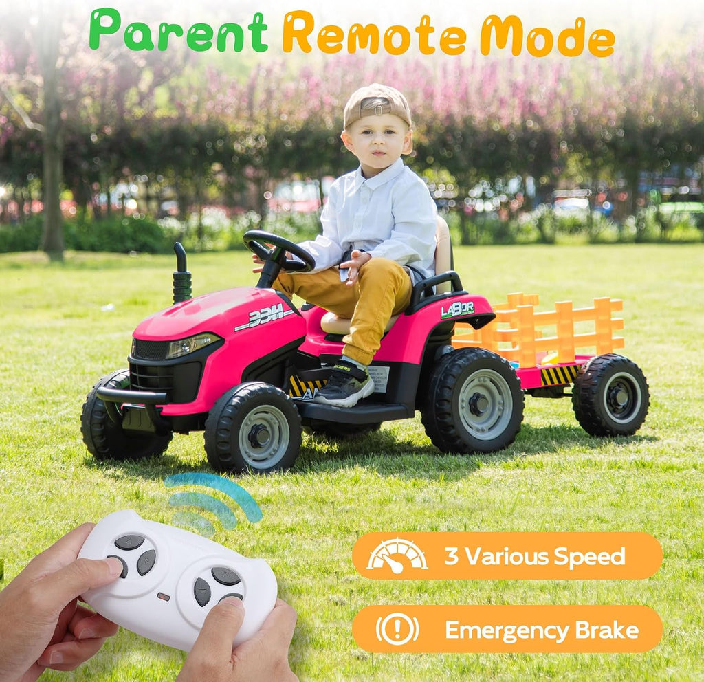 ANPABO 24V Ride On Tractor w/Tiltable & Detachable Trailer, EVA Tires, Up to 4.3Mph, Ride On Toys with Parental Remote, Realistic Tractor Sound & Chimney, Music Player, LED Light, Rose Red