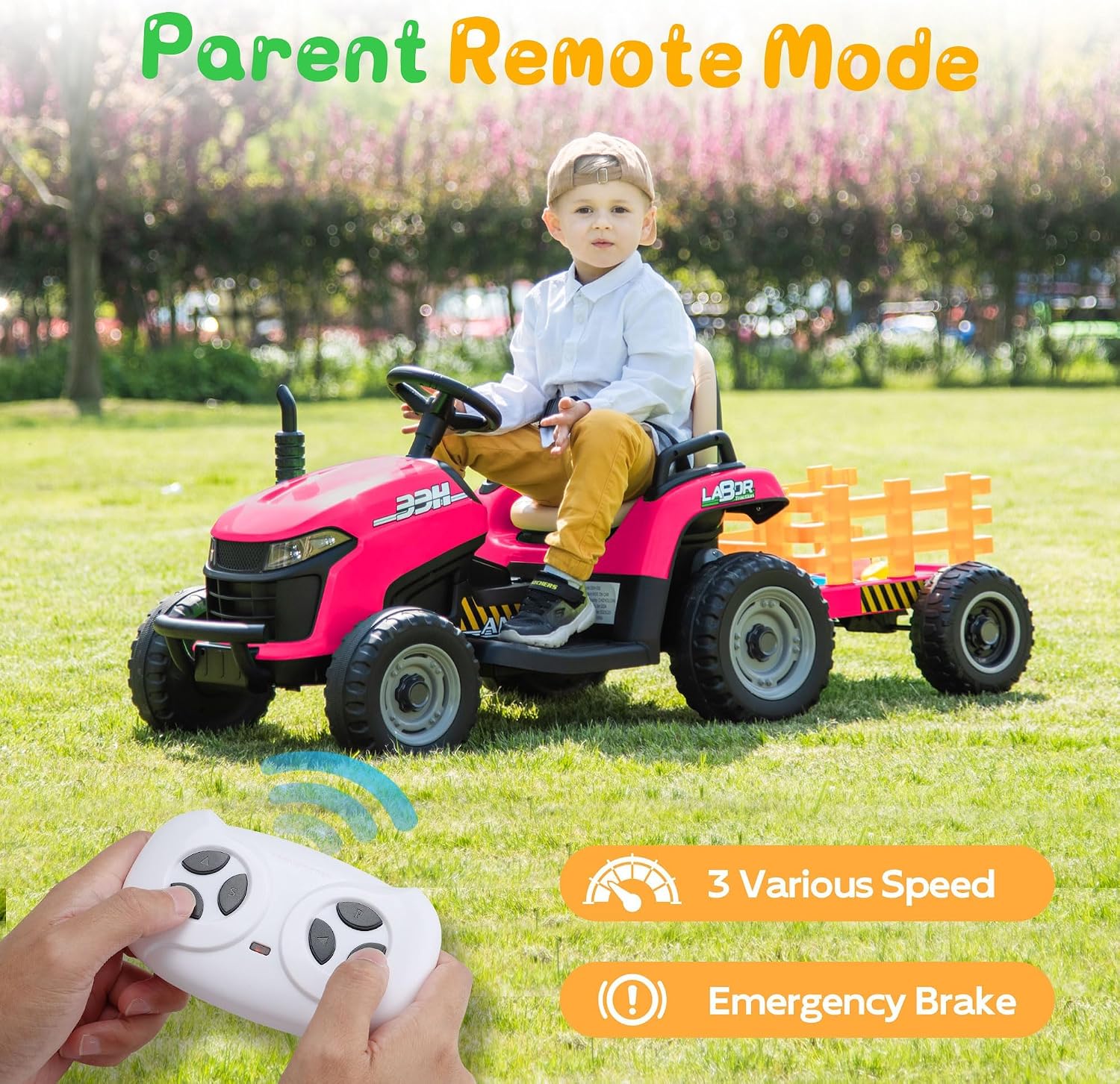 ANPABO 24V Ride On Tractor w/Tiltable & Detachable Trailer, EVA Tires, Up to 4.3Mph, Ride On Toys with Parental Remote, Realistic Tractor Sound & Chimney, Music Player, LED Light, Rose Red