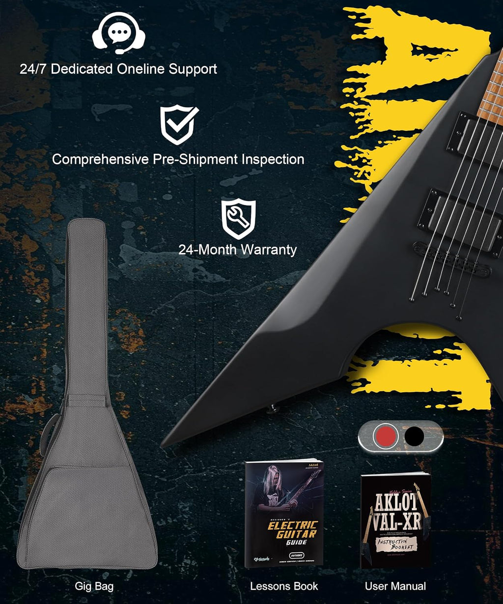 AKLOT Metal V Electric Guitar: HH Pickups, Roasted Maple Neck, Okoume Body, String-Through-Body, Stainless Steel Rounded Ball-End Frets,Beginner Electric Guitar Kit for Adult,Gig Bag,Lesson Book,Black