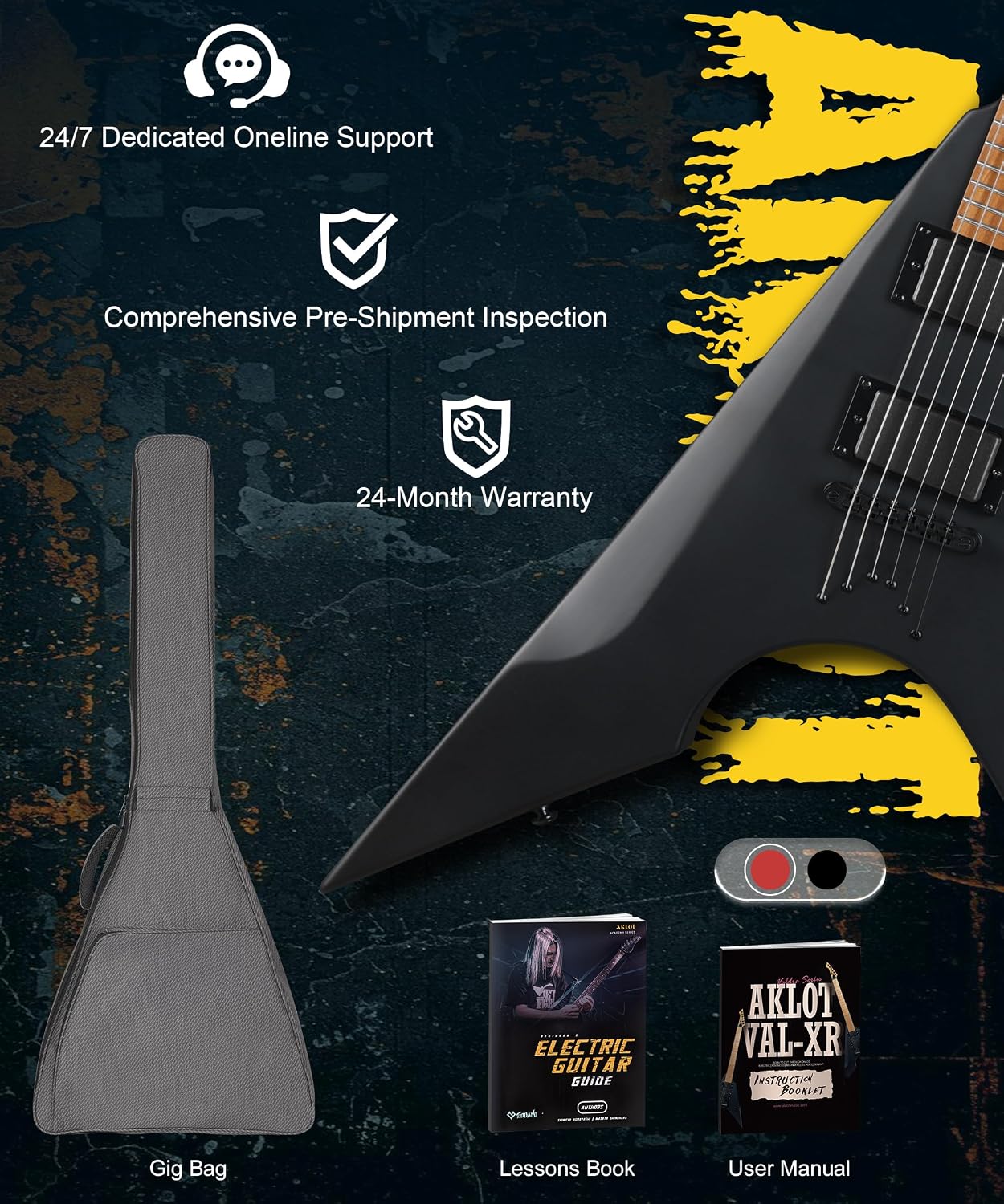 AKLOT Metal V Electric Guitar: HH Pickups, Roasted Maple Neck, Okoume Body, String-Through-Body, Stainless Steel Rounded Ball-End Frets,Beginner Electric Guitar Kit for Adult,Gig Bag,Lesson Book,Black