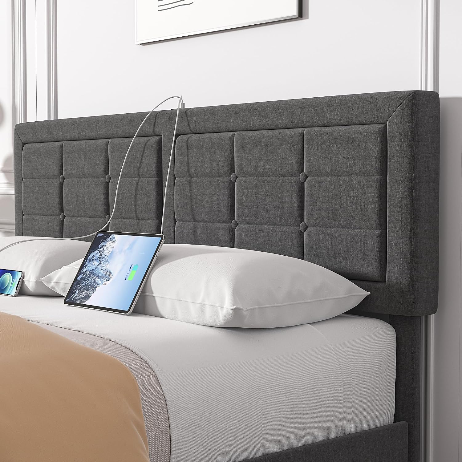 VECELO Full Size Bed Frame with 4 Drawers, Adjustable Tufted Button Headboard, Upholstered Platform with Wood Slats Support, Built-in USB and Type C Ports, Dark Gray