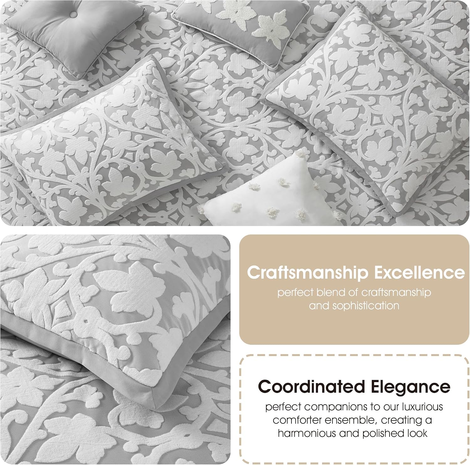 Grand Avenue 7 Piece White Grey Comforter Set, King Size Jacquard Bedding Set, All Season Floral Leaves Bedding, Matching Pillows, Shams, Bed Skirt