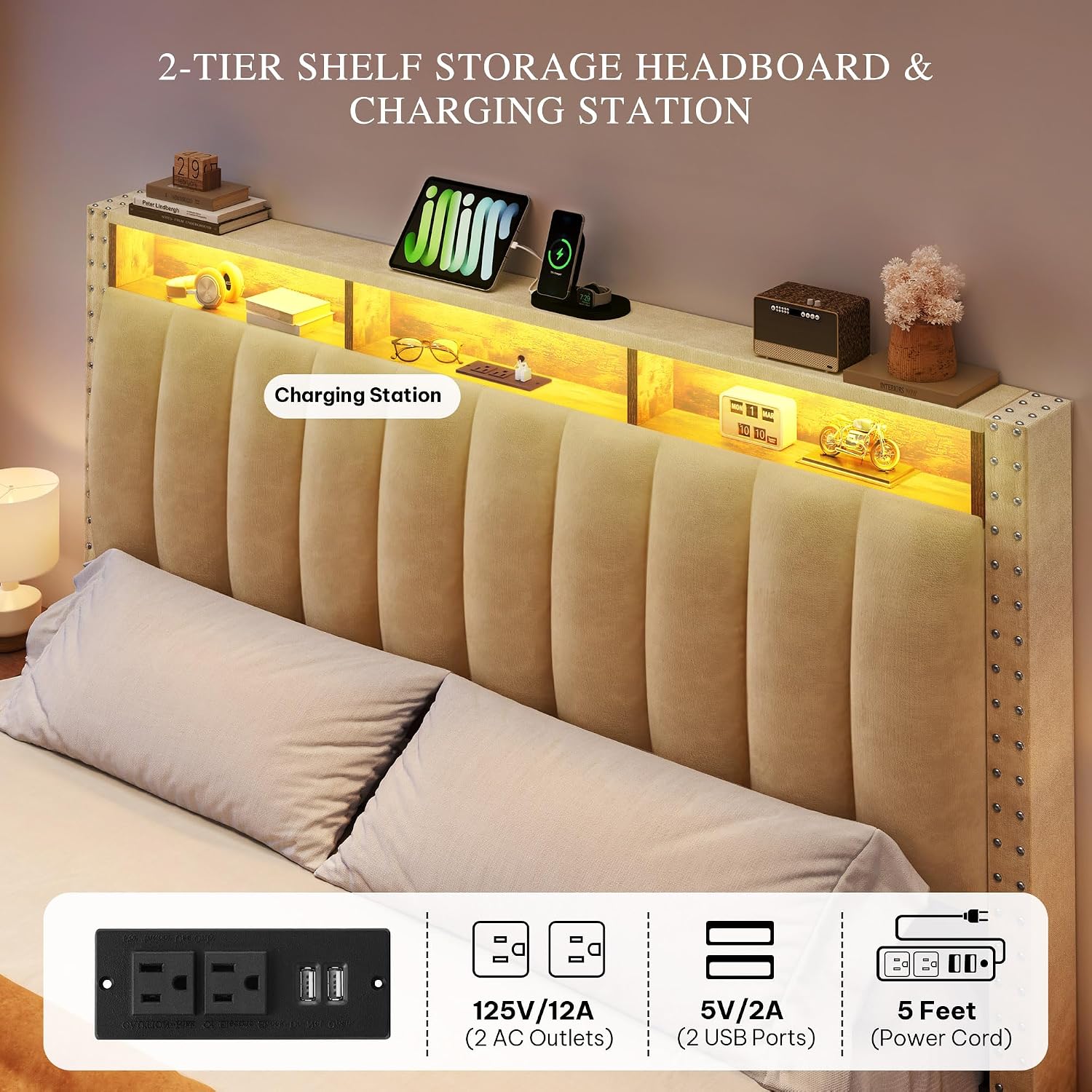 DWVO Full Size Bed Frame with 4 Storage Drawers and RGB LED Lights, Velvet Upholstered Platform Bed with Charging Station and Storage Headboard, No Box Spring Needed, Easy Assembly, Beige