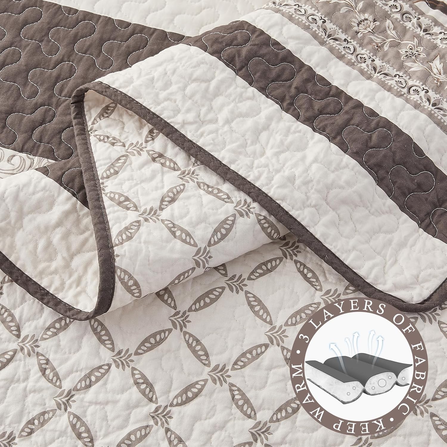 Farmhouse Bedspread King Size 120'x120' - 100% Cotton Lightweight Oversized King Quilt with 2 Pillowshams, Reversible Botanical Striped Pattern Quilted Bedding Coverlet, 3 Pcs, Brown/Coffee