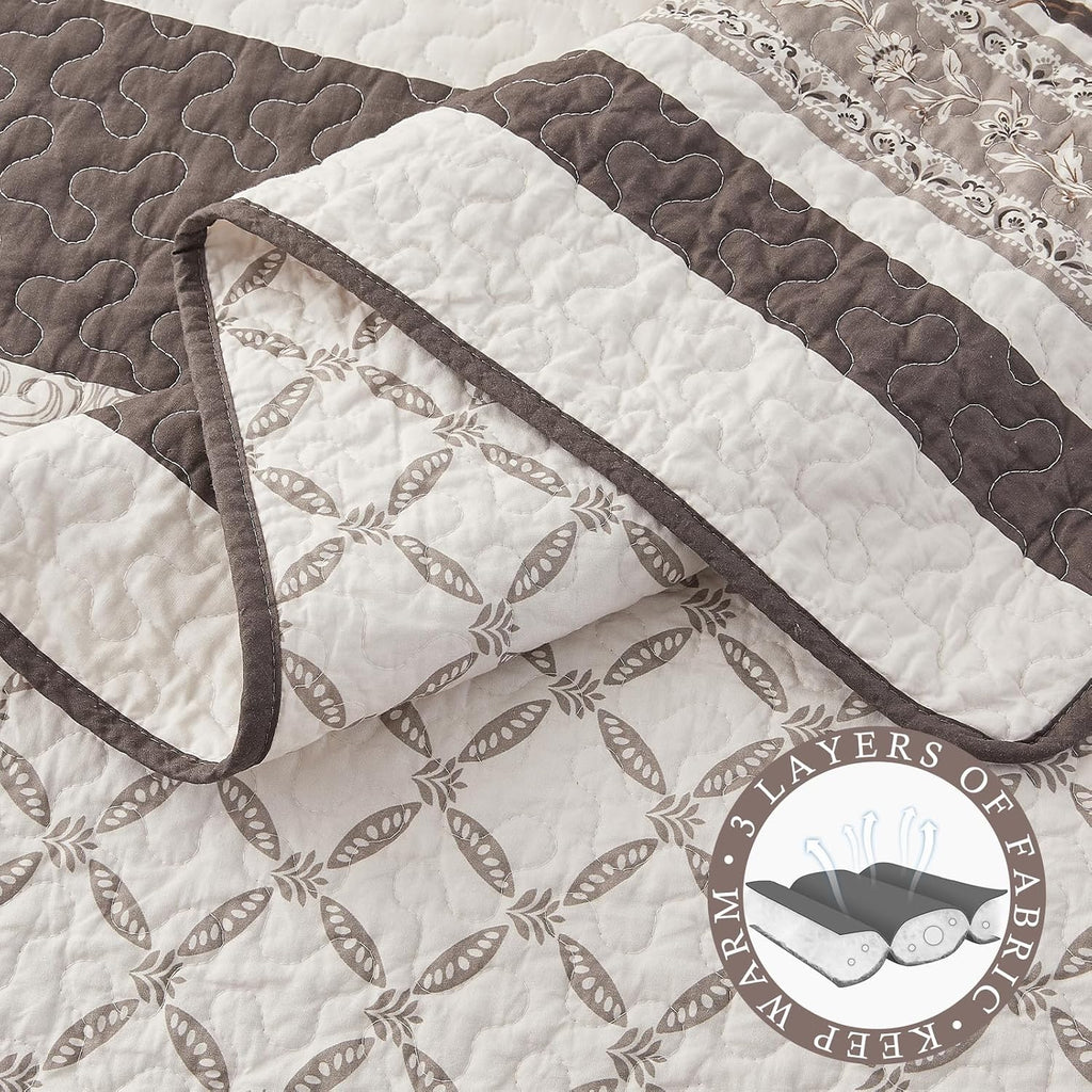 Farmhouse Oversized King Bedspread 128'x120' - 100% Cotton Lightweight California King Quilt Set, Reversible Botanical Striped Extra Wide Quilted Bedding Coverlet, 3 Pcs, Brown/Coffee