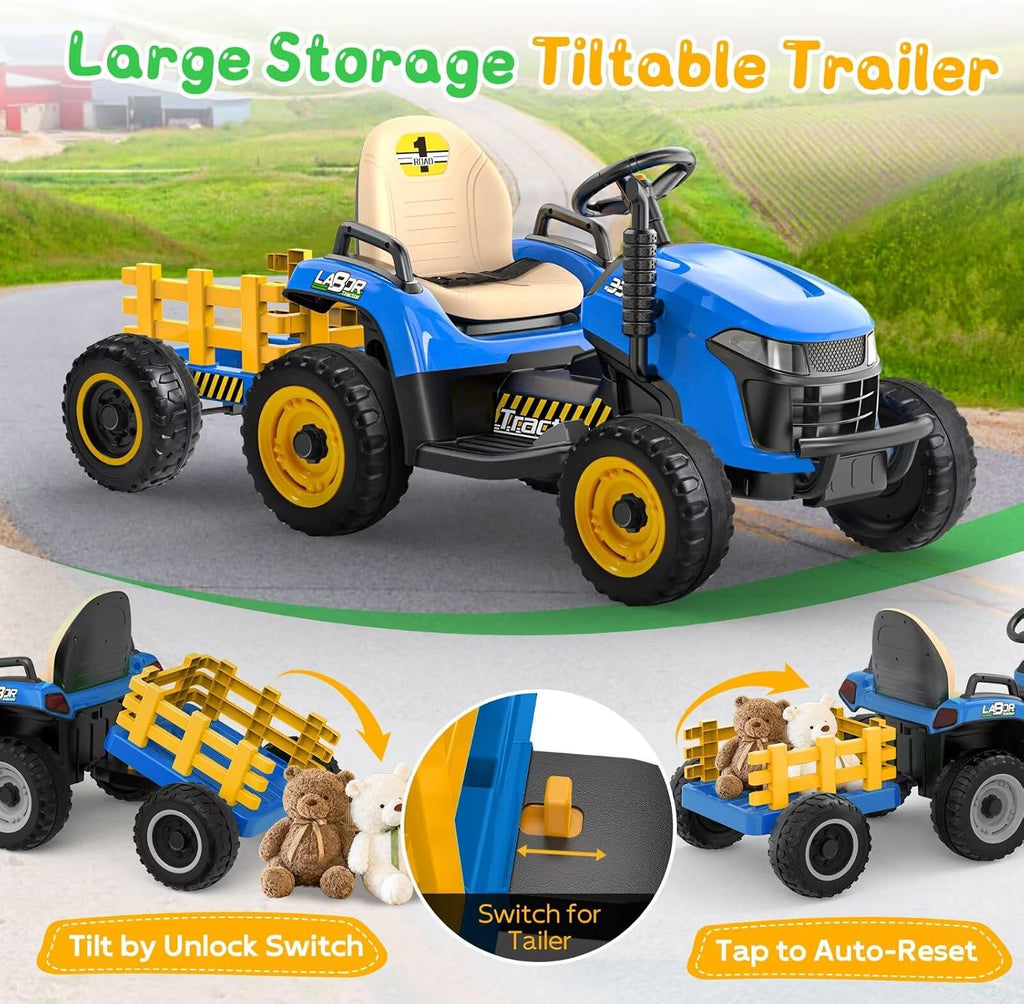 ANPABO 24V Ride On Tractor w/Tiltable & Detachable Trailer, EVA Tires, Up to 4.3Mph, Ride On Toys with Parental Remote, Realistic Tractor Sound & Chimney, Music Player, LED Light, Blue